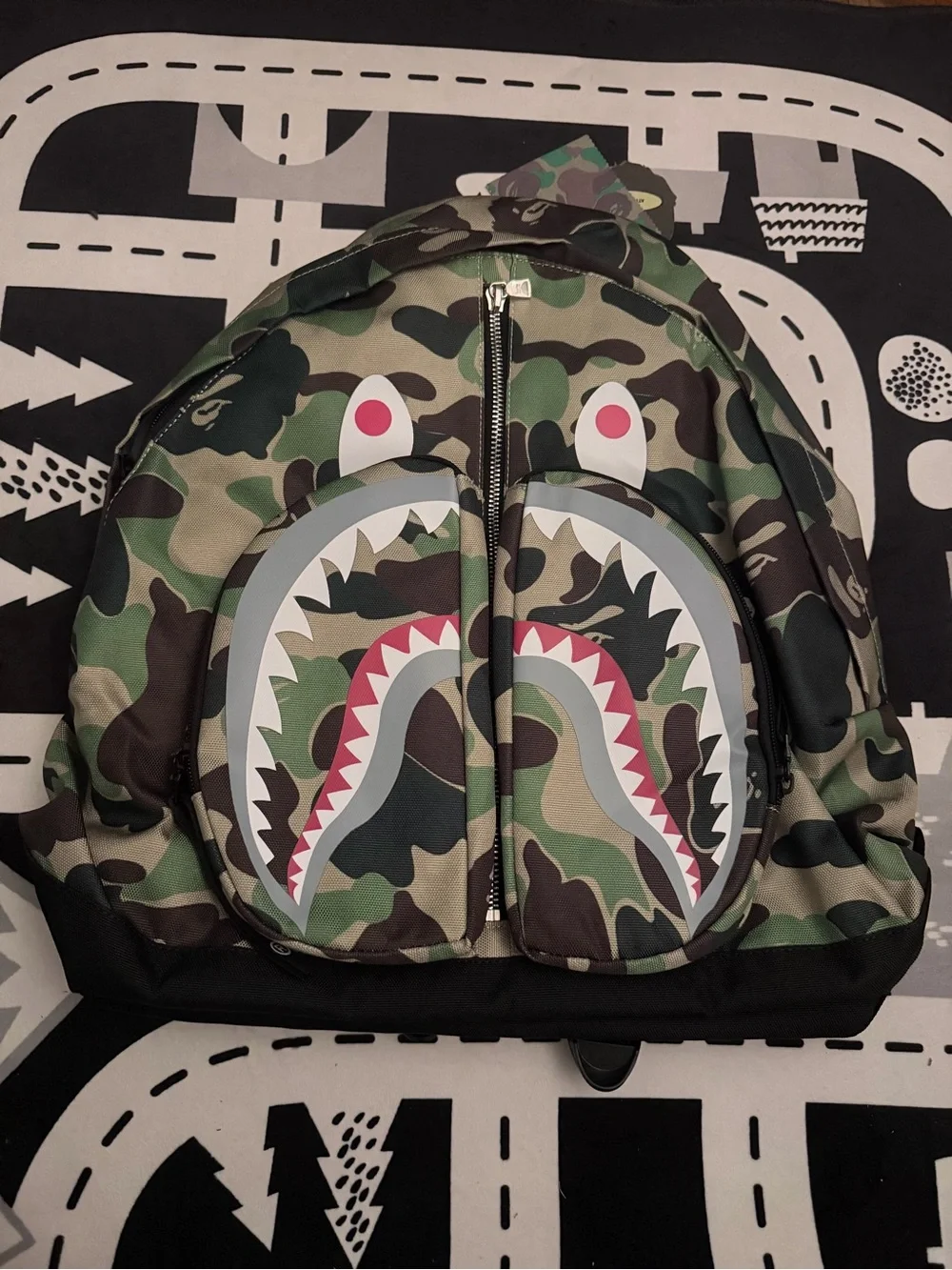 BAPE A Bathing Ape Camo Shark Daypack Backpack Green Camouflage NWT 18L